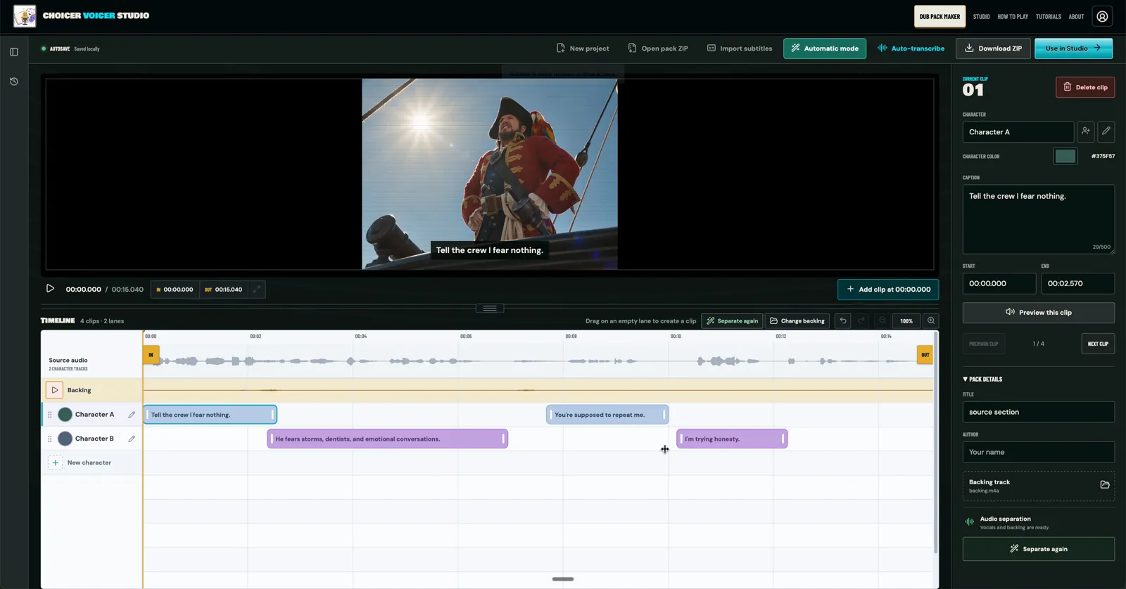 Pack Maker timeline with four transcribed clips sorted into Character A and Character B lanes