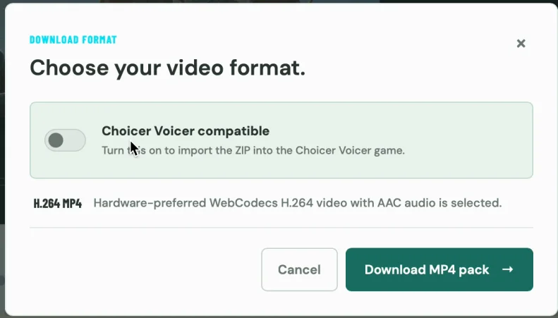Download format dialog with Choicer Voicer compatible switched off and Download MP4 pack