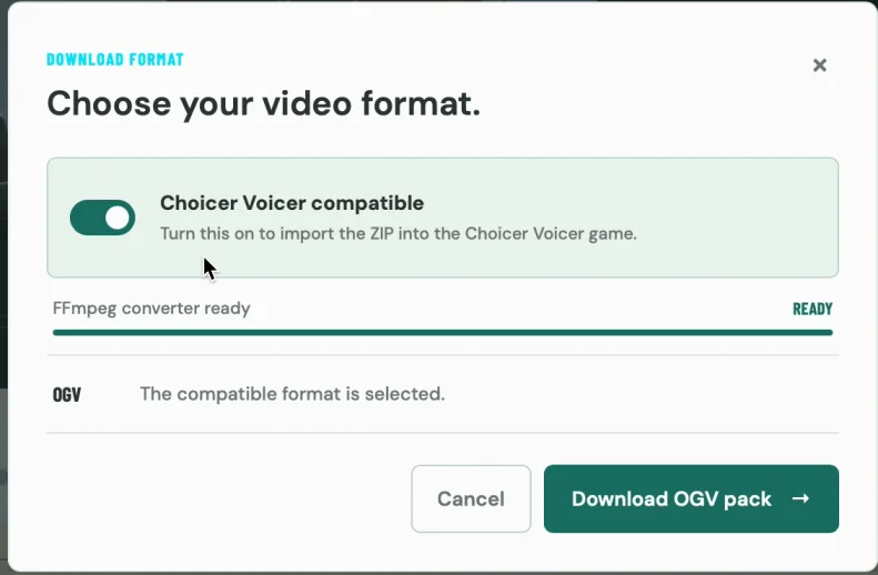 Download format dialog with Choicer Voicer compatible switched on and Download OGV pack