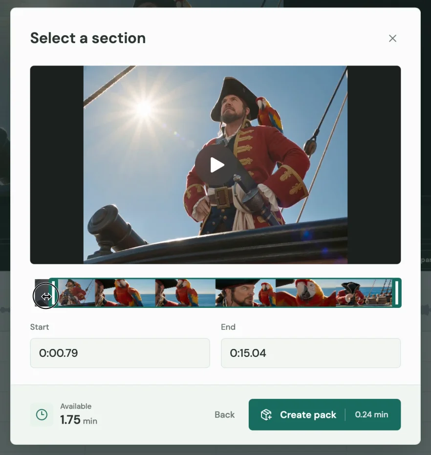Select a section dialog with filmstrip handles, start and end times and the Create pack button