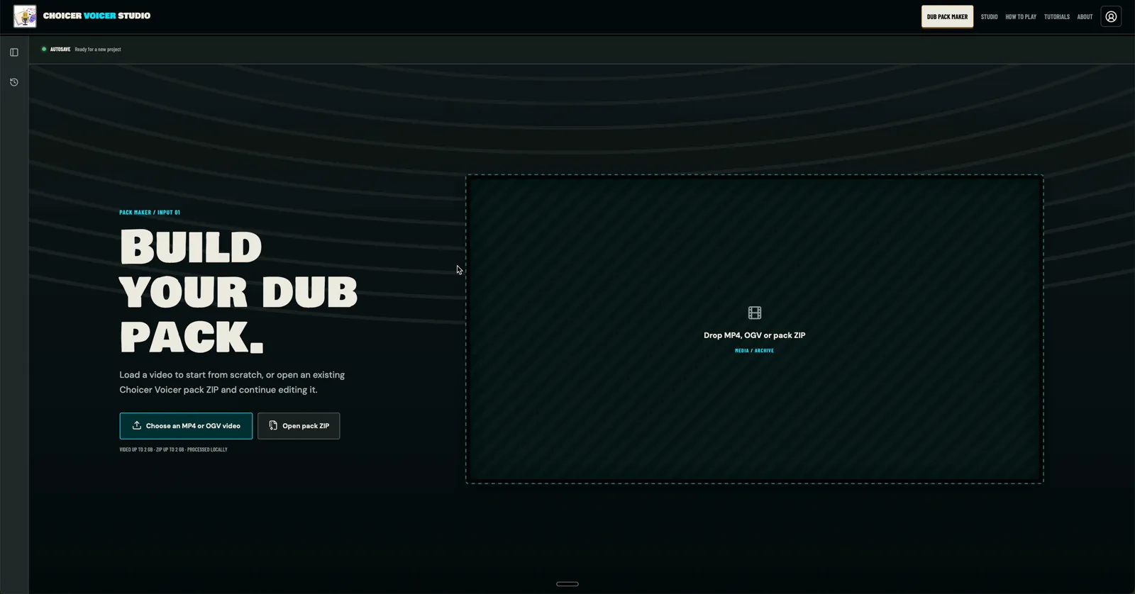 Choicer Voicer Pack Maker start screen with the Choose an MP4 or OGV video button